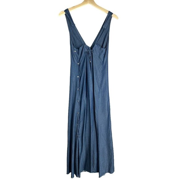 Zara Trafaluc Denim Makers Navy V-neck Raw Hem Maxi Dress Size X-Small - Picture 3 of 10